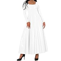 Women Long Dress Wetlook PVC Solid Square Neck Long Pleated Dresses High Waist A-line Daily Wear Maxi Dress