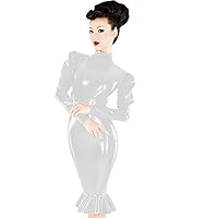 Plus Size Gothic Puff Sleeve Mermaid Dress Ladies PVC Midi Vestido (Silver,6XL)