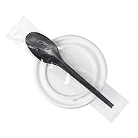 Restaurantware Basic Nature 6.5 Inch Wrapped Disposable Spoons 50 Individually Wrapped Plant-Based Silverware - Withstands Heat For Hot And Cold Foods Black Plastic Plant Starch Cutlery