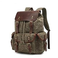 Genuine Leather Canvas waxed Backpack Travel Rucksack Laptop Bag Army Green