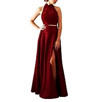 VeraQueen Women's Halter Two Piece Prom Evening Dress A Line Lace Applique Pageant Dresses Red