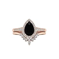 3 CT Pear Cut Teardrop Black Onyx Engagement Ring Set Rose Gold Unique Black Stone Silver Halo Wedding Ring for Women Vintage Bridal Promise Ring for Her