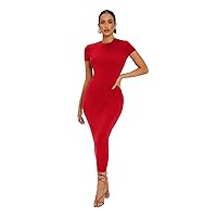 TINMIIR Women's Summer Dresses Solid Round Neck Long Bodycon Pencil Dress (Color : Red, Size : X-Large)
