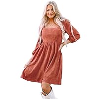 Kaylee Suede Square Neck Dress - Puff Sleeve Dress for Women - Women’s Long Sleeve Dress
