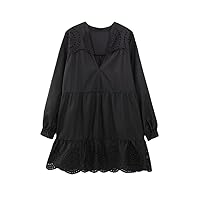Women V Neck Hollow Out Embroidery Casual Black Mini Shirt Dress Office Lady Chic Ruffles Vestidos