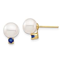 14k Gold 7 7.5mm White Round Freshwater Cultured Pearl Sapphire Post Earrings Measures 9.8mm long Jewelry for Women