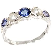 925 Sterling Silver Natural Tanzanite and Cultured Pearl Womens Band Ring - Sizes 4 to 12 Available
