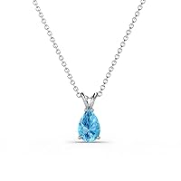 Pear Cut Blue Topaz 1/2 ctw Double Bail Women Solitaire Pendant Necklace. Included 16 Inches Chain 14K Gold