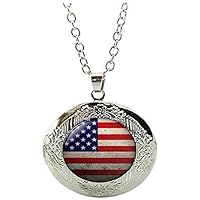 American Flag Locket Necklace Patriotic Jewelry Vintage Charm Glass Photo Jewelry