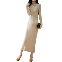 Women Wool Knitted Midi Dress Winter Half High Collar Basic Ribbed Long Sleeve Bodycon Sexy Solid Dress