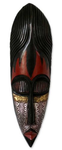 NOVICA Black and Red Hand Carved Nigerian Wood Wall Mask with Aluminum Accents, Fulani Maiden'