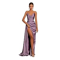 Women's Strapless Satin Bridesmaid Dresses Mermaid Satin Long Corset Pleated Formal Party Evening Gowns with Slit