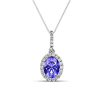 Oval Cut Tanzanite & Round Natural Diamond 1 3/4 ctw Women Halo Pendant Necklace. Included 16 Inches 14K Gold Chain