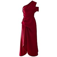 Women's Burgundy Party Dress Elegant Diagonal Collar Ones-line Shoulder Solid Color Dress A-Word Ankle