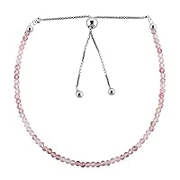 Natural Strawberry Quartz 3mm Round Shape Faceted Cut Gemstone Beads 7 Inch Adjustable Silver Plated Clasp Bracelet For Men, Women. Natural Gemstone Stacking Bracelet. | Lcbr_05484