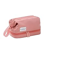 Large-capacity Polyester Makeup Bag Double-Pocket Pink Cosmetic Bag Toiletry Bag for Women Two-way Zipper Storage Bag