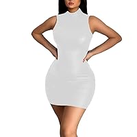 High Street Stretch Solid Color Faux PU Leather Mini Dress for Womens Sexy Sleeveless Short Club Dress