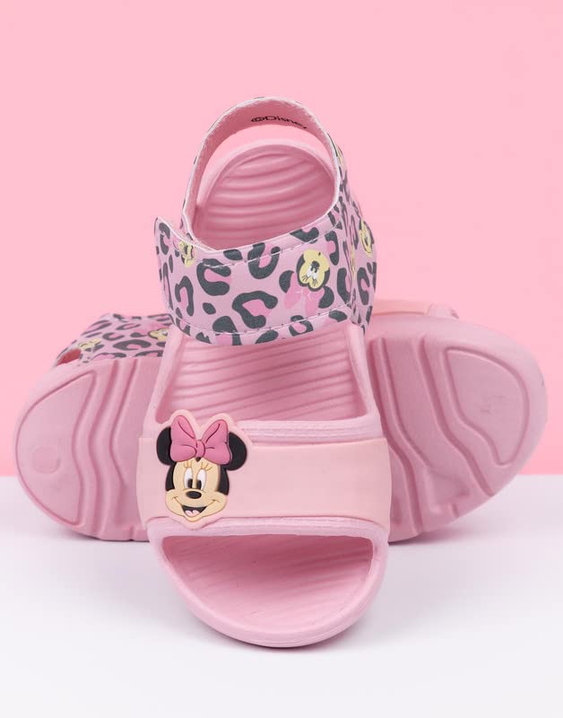 Disney Minnie Mouse Sandals Kids Toddlers | Girls Leopard Animal Print Pink Sliders with Supportive Strap | Pink Summer Shoes Footwear
