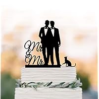 Mr And Mr Wedding Cake Topper, Gay Cake Topper With Cat, Silhouette Wedding Cake Decoration, Same Sex Funny Wedding Cake Toppers