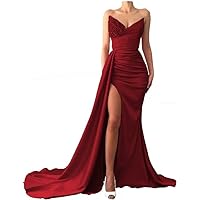 Strapless Satin Prom Dresses 2024 Bodycon Mermaid V-Neck Beaded Long Slit Ball Gowns for Women Wine Red