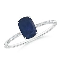 Cushion Shape Blue Sapphire CZ Diamond Solitaire with Accents Ring 925 Sterling Silver September Birthstone Gemstone Jewelry Wedding Engagement Women Birthday Gift