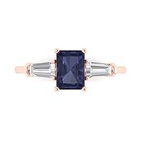 1.97ct Emerald Baguette cut 3 stone Solitaire with Accent Simulated Blue Sapphire designer Statement Ring 14k Rose Gold