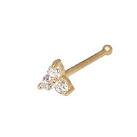 JewelryWeb Solid 14K Yellow, White or Rose Gold 3-mm 20 Gauge 3-stone Cubic Zirconia Nose Stud