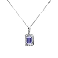 Emerald Cut Tanzanite & Natural Diamond 3/4 ctw Women Halo Pendant Necklace. Included 18 Inches Chain 14K Gold