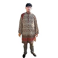 Indian Men's Cotton Paisley Print Kurta Solid Red Color Wedding Wear Tunic Casual Shirt Plus Size