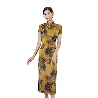 2022 Mandarin Faux Silk Long Cheongam Qipao Dress with Split for Women