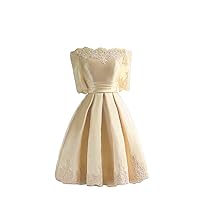 Women's Half Sleeve Satin A Line Homecoming Dress Lace Appliqued Short Cocktail Dresses Light Champagne