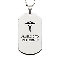 Medical Silver Dog Tag, Allergic to Metformin Awareness, Medical Symbol, SOS Emergency Health Life Alert ID Engraved Stainless Steel Chain Necklace For Men Women Kids