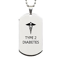 Medical Silver Dog Tag, Type 2 Diabetes Awareness, Medical Symbol, SOS Emergency Health Life Alert ID Engraved Stainless Steel Chain Necklace For Men Women Kids
