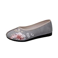 Cotton Fabric Embroidered Loafers Female Flat Heeled Vintage Mom Shoes Spring Slip On Flats Casual Shoe Gray 4.5