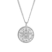 Vintage Hebrew Esoteric Tetragrammaton Necklace, Stainless Steel Pentagram Talisman, Name of God Pendant Jewelry for Men Women (Silver)