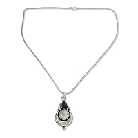 NOVICA Handmade Cultured Cultured Freshwater Pearl Amethyst Pendant Necklace Grand Indian with on Silver Sterling Purple White Birthstone Moon 'Jaipur Moon'