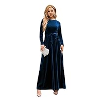 IBTOM CASTLE Women's Fall Winter Velvet Dress Long Sleeve Round Neck Maxi Dress with Belt Cocktail Gown Evening Party Dress