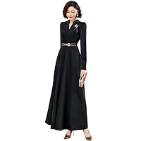 Black Long Winter Dress V-Neck Sleeve Office Lady Evening Zipper Slim