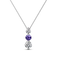 Round Iolite and Diamond Graduated Three Stone Drop Pendant 0.50 ctw 18K Gold.Included 16 Inches 18K Gold Chain