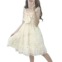 Japanese Lolita Five-Pointed Star Lace Decoration Short Sleeve Dress (Color : White, Size : One Size)