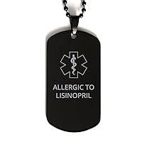 Medical Alert Black Dog Tag, Allergic to Lisinopril Awareness, SOS Emergency Health Life Alert ID Engraved Stainless Steel Chain Necklace For Men Women Kids