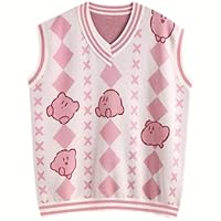 Kawaii Pink Sweater Vest Japanese Anime Cute Baggy Oversized Knit Vest for Girls Women Aesthetic Clothes