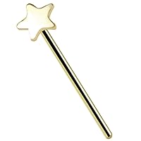 14K Solid Yellow Gold Plain Flat Star 22 Gauge Long Straight Nose Stud Nose Pin Body Piercing Jewelry