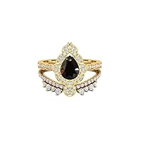 Pear 1.00 CT 8X5MM Black Onyx Engagement Gold Ring Set, Vintage Gold Halo Rings Set, 14K Solide Gold Ring Set For Adorable Girl, Moissanite Gold Rings