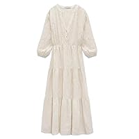 Spring Dress Women' Casual Retro Loose V-Neck Long-Sleeved Embroidery Linen Women