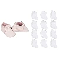 Gerber Baby Neutral Moccasins Crib Shoes and 12-Pk Onesies White Jersey Socks, Taupe Fringe 0-3, 0-6 Sock