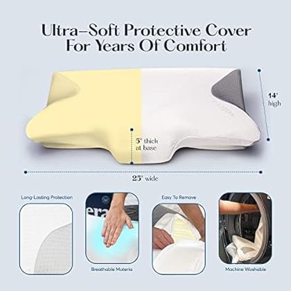 SUTERA - Contour Memory Foam Pillow for Sleeping, Orthopedic Cervical Support for Neck, Shoulder and Back Pain Relief, Ergonomic Pillow for Side, Back and Stomach Sleepers, Washable Cover - White
