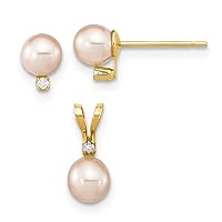 14k Gold Madi K 4 5mm Rd Pink Freshwater Cultured Pearl .03ct. Diamond Earrings and Pendant Necklace Set Jewelry for Women