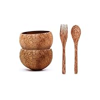 2 Eco-Friendly Raw Coconut Bowls (Small) w/Coconut Wood Spoon & Fork - 100% Natural, Organic Kitchen Set - Handcrafted from Reclaimed Coconut Shells + Offcuts