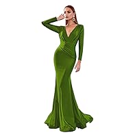 Women's Deep V Neck Pleated Long Evening Party Dress Satin Gown Prom Robe